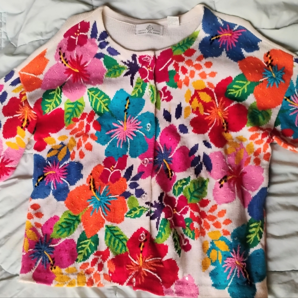 Design Options By Philip And Jane Gordon Hawaiian Hibiscus Knit Cardigan L